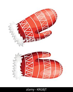 Paar Weihnachten rot Handschuh mit weißen Muster Cartoon Stil Vector Illustration auf weißem Hintergrund Webseite und mobile App Design isoliert. Stock Vektor