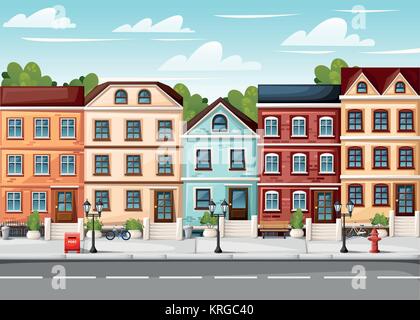 Straße mit bunten Häusern Hydranten Scheinwerfer Sitzbank red mailbox und Büsche in den Vasen Cartoon Stil Vector Illustration Webseite und mobile App de Stock Vektor