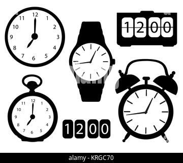 Der schwarze Symbol Silhouette Uhren alarm digitale elektronische Stoppuhr Armbanduhr Wanduhr Karikatur Vector Illustration auf weißen isoliert Stock Vektor