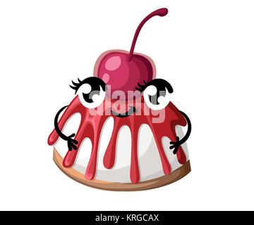 Cherry lächeln Pudding mit Sirup Dessert mit mit Augen, Mund, Beine und Hände Cartoon Stil Vector Illustration auf weißem Hintergrund website Pag isoliert Stock Vektor