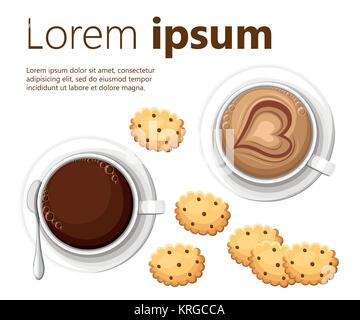 Kaffeetasse und Herzförmigen Schaum mit Cookies in Form von cirlce Morgen Frühstück mit Platz für Ihren Text Vector Illustration isoliert auf weiß zurück Stock Vektor