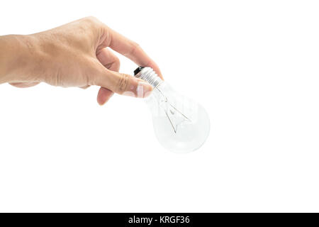 Hand, die Glühbirne auf weißem Hintergrund mit Freistellungspfad isoliert. Konzept Idee. Stockfoto