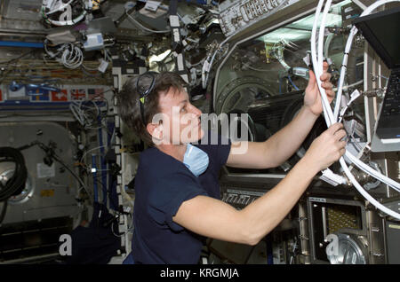 ISS-05 Peggy Whitson arbeitet mit der Microgravity Science Glovebox im Schicksal lab Stockfoto
