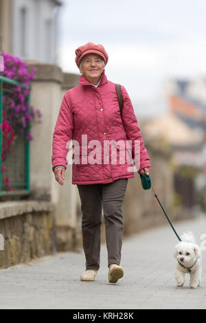 Ältere Frau zu ihrem kleinen Hund auf einer Stadt Straße glücklich und entspannt Stockfoto