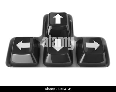 Die vier schwarzen Pfeiltasten der Tastatur Tasten auf einem weißen Hintergrund. Vorderansicht. 3D Stockfoto