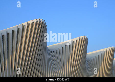 REGGIO EMILIA, ITALIEN - Februar 9, 2015: Mediopadana Hochgeschwindigkeitszuges Bahnhof. Es ist von dem Architekten Santiago Calatrava entworfen und besteht aus 457 Stahl rahmen. Es war am 8. Juni 2013 eröffnet. Stockfoto