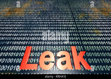 Das Wort Leck über eine digitale, binäre Hintergrund. 3D gerenderte Darstellung. Stockfoto