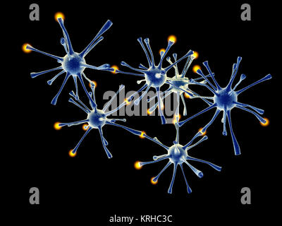 3D gerenderte Darstellung. Neuronale Zellen interagieren. Stockfoto