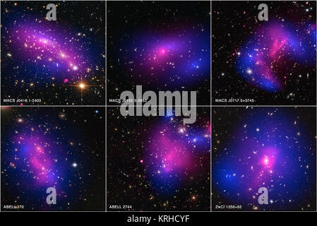 Diese galaxienhaufen sind Teil eines großen mit Chandra und Hubble Studie, neue Grenzen, wie dunkle Materie - die geheimnisvolle Substanz, die die meisten der Materie im Universum - interagiert mit sich selbst setzt. Das heiße Gas, die Umschläge die Cluster leuchtet hell im Röntgenlicht erfasst durch Chandra (rosa). In Kombination mit Hubbles sichtbares Licht Daten, Astronomen Karte kann, wo die Sterne und heißes Gas nach der Kollision, sowie den ermittelten Verteilung der Dunklen Materie (Blau) durch die Wirkung von Gravitationslinsen. Chandra sechs Galaxy Cluster (Röntgen) Stockfoto