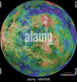 Die Hemisphäre der Venus, wie durch mehr als ein Jahrzehnt der Radar Untersuchungen im 1990-1994 Magellan Mission gipfelten offenbart, ist bei 270 Grad Ost. Der Magellan Raumsonde abgebildet Mehr als 98 der Venus mit einer Auflösung von etwa 100 Meter; die effektive Auflösung von diesem Bild ist ca. 3 ein Mosaik der Magellan Bilder (die meisten mit Beleuchtung aus dem Westen) formen das Bild base Km.. Lücken in der Magellan Abdeckung wurden mit Bildern von der Erde gefüllt-basierte arecibo Radar in einer Region zentriert etwa auf 0 Grad Breiten- und Längengrad, und mit einem neutralen Ton elsewh Stockfoto
