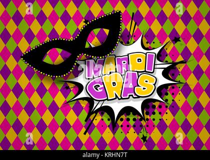 Sprechblase, farbigen Comics Text. Schwarze Maske Karneval Textur Hintergrund. Mardi Gras - Fat Tuesday Karneval Karneval in einem Französisch sprechenden Land Stock Vektor