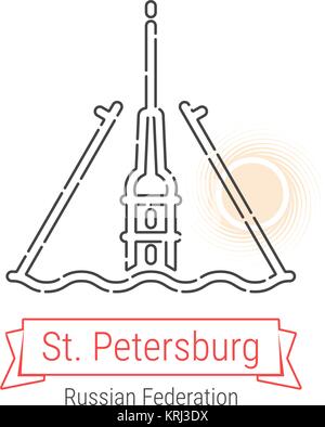 St. Petersburg, Russland Vektorlinie Symbol mit rotem Band isoliert auf Weiss. St. Petersburg Wahrzeichen - Emblem - Drucken - Label - Symbol. Stock Vektor