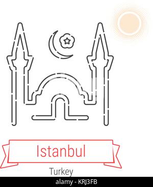 Istanbul, Türkei Vektorlinie Symbol mit rotem Band isoliert auf Weiss. Istanbul Wahrzeichen - Emblem - Drucken - Label - Symbol. Topkapi Palast Piktogramm Stock Vektor