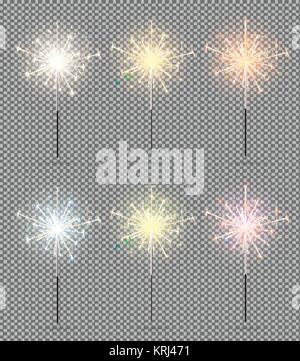 Bengal Lights gesetzt. Weihnachten Sparkler isoliert auf Transparenten Hintergrund. Vector Illustration. Stock Vektor