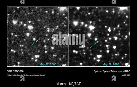 Wärme erzeugt von einem Gamma-ray Burst hat zum ersten Mal erkannt wurde durch ein Team von Astronomen der Universität von Notre Dame Physiker Peter Garnavich. Die NASA-Weltraumteleskop Spitzer sah "GRB 050525 a' (nach Datum benannt wurde entdeckt, 25. Mai 2005) mit allen drei seiner Detektoren Mai 27, nur zwei Tage nach dem Platzen von Swift, einem anderen NASA Satelliten entwickelt, Grb von Gamma-ray Wellenlängen im sichtbaren Licht Studie festgestellt wurde. Das Licht von Gamma-ray Burst afterglows verbläßt schnell, so Spitzer hatte schnell Bewegen der Burst zu fangen, bevor es aus dem Blickfeld verschwunden. Gamma-ray Stockfoto