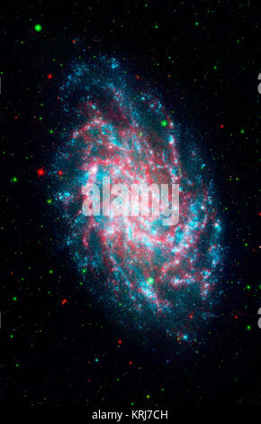 Dieses Bild ist eine Mischung aus M33 Bild des Galaxy Evolution Explorer und anderen von NASA's Spitzer Space Telescope. M33, einer der uns nächsten Galaktischen Nachbarn, ist rund 2,9 Millionen Lichtjahre entfernten Sternbild Triangulum, Teil dessen, was als unsere Lokale Gruppe von Galaxien bekannt. Die Galaxy Evolution Explorer und Spitzer sehen können ein breites Spektrum von Sky. Spitzer, zum Beispiel, kann erkennen, im mittleren Infrarot Strahlung von Staub, dass UV-junge Sterne' Licht absorbiert hat. Das ist etwas, das die Galaxy Evolution Explorer nicht sehen können. Diese kombinierte Bild zeigt in unglaublichen Details die Bea Stockfoto