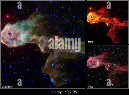 Die NASA-Weltraumteleskop Spitzer ist mit einem leuchtenden stellare Kinderstube in einer dunklen Kügelchen, die im sichtbaren Licht undurchsichtig erfasst wird. Diese neuen Bilder pierce durch den Schleier der Geburt neuer Protosterne, oder EMBRYONALE Sterne zu offenbaren, und junge Sterne noch nie zuvor gesehen. Der Elephant Trunk Nebel ist eine längliche Dunkle globule innerhalb der Emissionsnebel IC 1396 im Sternbild Cepheus. In einer Entfernung von 2.450 Licht entfernt - Jahre, die Globule ist eine Kondensation von dichten Gas, das ist kaum überleben die stark ionisierende Strahlung aus einem nahe gelegenen Stern. Die globule wird von Th komprimiert Stockfoto