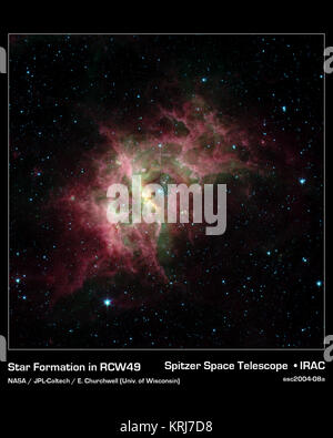 Einer der produktivsten birthing Gründen in unserer Milchstraße, einen Nebel namens RCW 49, ist in herausragender Detailtiefe für das erste Mal in dieses neue Bild von NASA's Spitzer Space Telescope ausgesetzt. Entfernt 13.700 Lichtjahren im südlichen Sternbild Centaurus, RCW 49 ist eine dunkle und staubigen stellare Kinderstube, beherbergt mehr als 2.200 Sterne. Da viele der Sterne in RCW 49 sind tief in Schwaden von Staub eingebettet, Sie können nicht sichtbaren Wellenlängen gesehen werden. Mit Infrarotbeleuchtung Spitzer's Augen gesehen, jedoch RCW 49 transparent wird. Wie offene Risse eine Quartz Rock seine Juwelen zu entdecken Ich Stockfoto