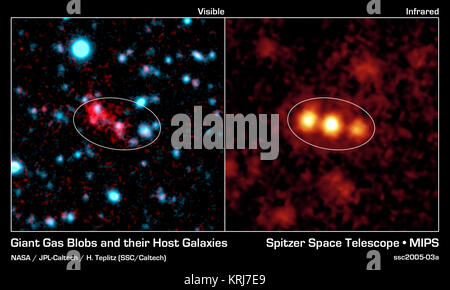 Dieses Image Composite zeigt eine riesige galaktische Blob (Rot, links) und die drei verschmelzenden Galaxien die NASA-Weltraumteleskop Spitzer innerhalb der it (gelb, rechts) entdeckt. Blobs werden intensiv leuchtende Wolken von heißem Wasserstoffgas, umhüllen fernen Galaxien. Sie sind ungefähr 10 mal so groß wie die Galaxien, die sie umgeben. Sichtbares Licht Bilder wie das hier gezeigte (links), offenbaren das ganze Ausmaß von Blobs, aber nicht viel Informationen über ihre Galaxien liefern. Mit seiner Wärme - auf der Suche nach infrarot Augen, Spitzer war in der Lage zu sehen, den staubigen Galaxien in einem Bekannten blob liegt 11 Milliarden Licht verstaut Stockfoto