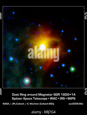 Dieses Bild zeigt ein gespenstisches Ring sieben Lichtjahre über um die Leiche eines massereichen Sterns. Die Kollabierten Stern, einem so genannten magnetar, ist genau in der Mitte des Bildes befindet. Die NASA-Weltraumteleskop Spitzer abgebildet die geheimnisvollen Ring um magnetar SGR 1900+14 im infraroten Licht. Der magnetar selbst ist nicht sichtbar auf diesem Bild, da sie nicht bei infraroten Wellenlängen erkannt wurde (es war in X-ray gesehen worden). Magnetare entstehen, wenn ein massereicher Stern ihr Leben in einer Supernova Explosion endet, und hinter einer super dichten Neutronenstern mit einem extrem starken Magnetfeld. Die Stockfoto