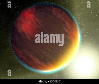 Die Grundlagen der Chemie für das Leben hat in einer zweiten heißen Gas Planeten entdeckt, HD 209458b, in die künstlerische Konzept dargestellt. Zwei der großen Observatorien der NASA das Weltraumteleskop Hubble und Spitzer Space Telescope, erbrachte spektralen Beobachtungen, dass offenbart der Moleküle von Kohlendioxid, Methan und Wasserdampf in die Atmosphäre des Planeten. HD 209458b, größer als Jupiter, befindet sich in einem engen, 3,5-Tag der Umlaufbahn um einen Stern etwa 150 Lichtjahre entfernt im Sternbild Pegasus. Planeten wie dieser, welcher Kreis Sterne über unsere Sonne, sind sogenannte Exoplaneten. Das neue Finden folgt dem UVEK Stockfoto