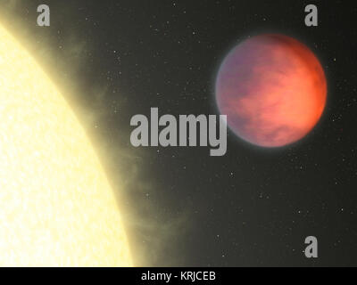 Die NASA-Weltraumteleskop Spitzer hat festgestellt, dass die heißesten Teil eines weit entfernten Planeten, genannt Upsilon Andromedae b, nicht unter die Blendung von seinem Zentralstern, wie erwartet werden könnte. Stattdessen, hot spot des Planeten - hier in diesem Künstler Konzept in heller dargestellt, orange Farbtöne - ist mehr als 80 Grad zur Seite, der sich näher an der dunklen Seite des Planeten. Der Planet ist eine heiße Gasriesen, der um den Stern alle 4,6 Tage peitschen. Weil es so zu seinem Stern in der Nähe ist, ist es Gezeiten gesperrt, was bedeutet, dass eine Seite ewig ist durch die Star Strahlung bombardiert. Die andere Dunkle Seite nie erblickt das Licht der Stockfoto