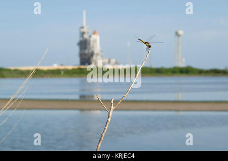 Einen Drachen fliegen am Rand der Lagune in der Nähe von Pad 39a und dem Space Shuttle Atlantis am Mittwoch, 6. Juli 2011 bei der NASA Kennedy Space Center in Cape Canaveral, Florida Raumfähre Atlantis liftoff Freitag festgelegt ist, 8. Juli auf dem letzten Flug der Shuttle Programm, STS-135, einer 12-tägigen Mission zur Internationalen Raumstation. Photo Credit: (NASA/Bill Ingalls) STS 135 Dragon Fly Atlantis KSC Stockfoto