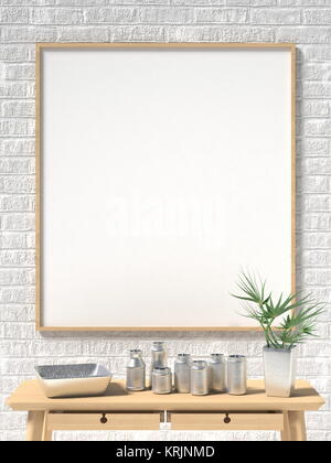 Mock up Poster, weiße Mauer aus Stein und Metall Cups. 3D Stockfoto