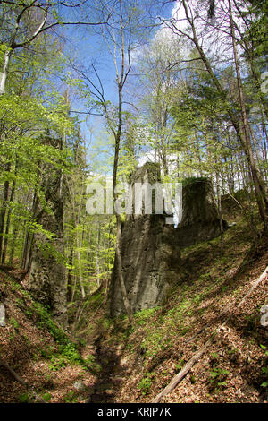 Alte heruntergekommene Piers in einem Wald einer stillgelegten Bahnlinie in der Steiermark Stockfoto