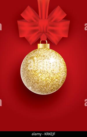 Weihnachten Golden Glitter Christmas Ball und Rote Schleife auf roten Hintergrund. Vector Illustration. Stock Vektor