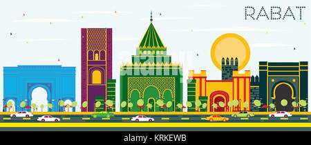 Rabat Marokko Skyline mit Farbe Gebäude und blauer Himmel. Vector Illustration. Business Travel und Tourismus Konzept mit historischer Architektur. Rabat Ci Stock Vektor