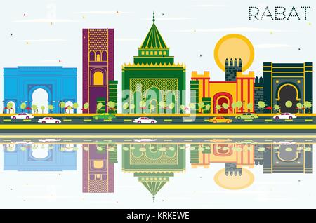 Rabat Marokko Skyline mit Farbe Gebäude, blauer Himmel und Reflexionen. Vector Illustration. Business Travel und Tourismus Konzept mit historischen Architekt Stock Vektor