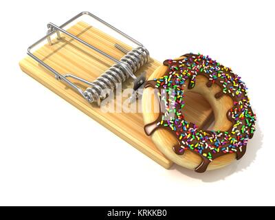 Schokolade Donut mit Streuseln, wie Köder, in Holz Mausefalle. 3D Stockfoto