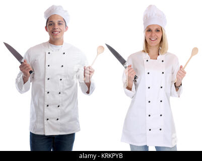 Chef kocht junge Auszubildende Auszubildende Ausbildung Lehrling Messer kochen Beruf Schnitt Stockfoto