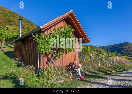 Die junge Frau macht mit zwei Hunden eine Rast bei einem Wanderweg auf der Schwäbischen Alb Stockfoto