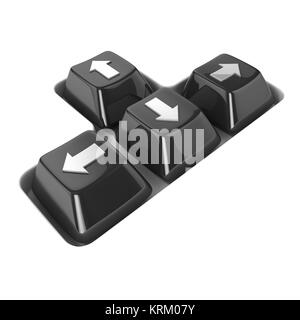 Die vier schwarzen Pfeiltasten der Tastatur Tasten auf einem weißen Hintergrund. Von der Seite. 3D Stockfoto