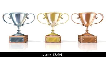 Drei Cup Trophäen, Gold, Silber und Bronze. 3D Stockfoto