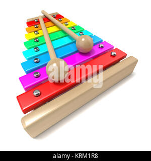 Xylophon mit Rainbow farbige Tasten und mit zwei Holz sticks drum. 3D Stockfoto