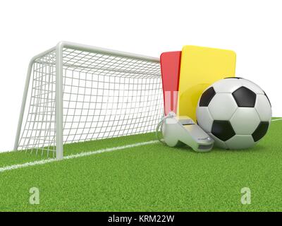 Fußball-Konzept. Strafe (Rot und Gelb) Karte, Metall Pfeifen und Fußball (Fußball) Ball und Tor, 3D-isoliert Stockfoto