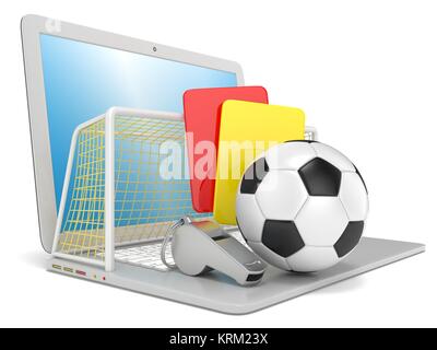 Fußball-Konzept. Strafe (Rot und Gelb) Karte, Metall pfeifen, Fußball (Fußball) Ball und Tor auf Laptop, 3D-isoliert Stockfoto