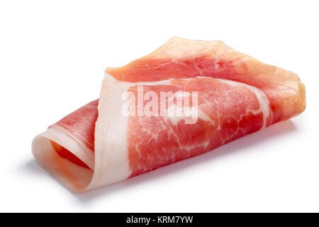 Jamon, Rohschinken, Speck, Wurst oder Schinken Slice, aufgerollt. Beschneidungspfade, Schatten getrennt Stockfoto