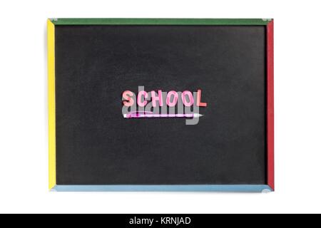 Wort Schule mit Kunststoff Alphabet auf dem Schwarzen Brett Stockfoto