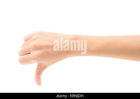 Frau Hand zeigen thump unten isoalted auf weißem Hintergrund mit Freistellungspfad Stockfoto