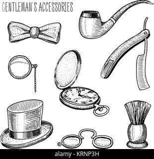 Gentleman Zubehör. Hipster oder Geschäftsmann, der viktorianischen Ära. graviert Hand in alten Vintage Skizze gezeichnet. Zylinder Hut, rauchen Pfeife, Rasiermesser, Monokel, pince-nez, Rasierpinsel, Schmetterling binden. Stock Vektor