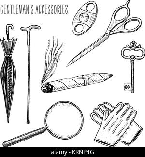 Gentleman Zubehör. Hipster oder Geschäftsmann, der viktorianischen Ära. graviert Hand in alten Vintage Skizze gezeichnet. Scheren und Regenschirm, Spazierstock, Zigarre und Lupe, Handschuhe und Schlüssel. Stock Vektor