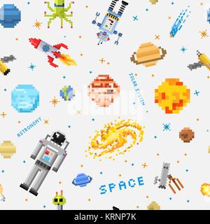 Platz nahtlose Muster Hintergrund, Alien spaceman, Roboter für Raketen und Satelliten cubes Planeten im Sonnensystem pixel Kunst, Digitale vintage Spiel Stil. Merkur, Venus, Erde, Mars, Jupiter, Saturn. Stock Vektor