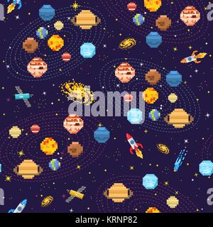 Platz nahtlose Muster Hintergrund, Alien spaceman, Roboter für Raketen und Satelliten cubes Planeten im Sonnensystem pixel Kunst, Digitale vintage Spiel Stil. Merkur, Venus, Erde, Mars, Jupiter, Saturn. Stock Vektor