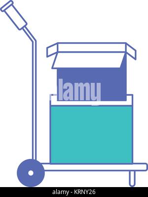 Hand-Lkw mit Kartons gestapelt und eine in Blau und Violett Teilbreiten geöffnet Silhouette Stock Vektor