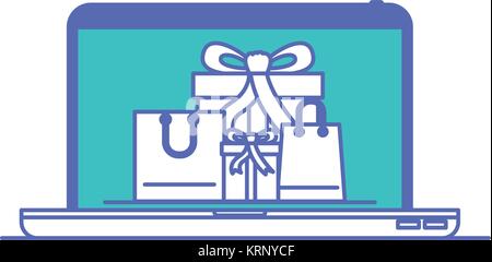 Laptop Computer Vorderseite mit Geschenk Schachteln und Tüten in Maske in Blau und Violett Abschnitte Silhouette Stock Vektor