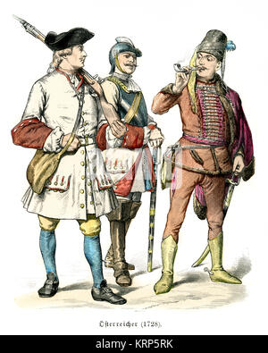 Vintage Gravur von Miltary Uniformen aus dem 18. Jahrhundert von Österreich, 1728 Stockfoto